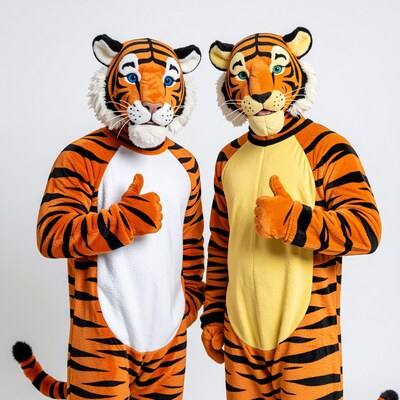 Two men in tiger costumes