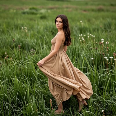Woman in beige dress in meadow