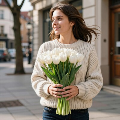 Woman with white tulips