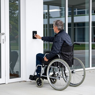 Man in wheelchair pressing accessible door button