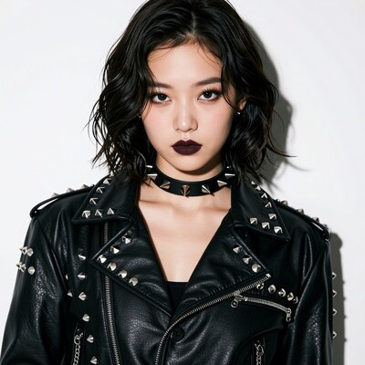 Asian woman in spiked leather jacket