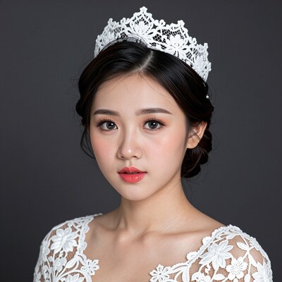 Asian woman in white lace crown