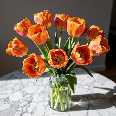 Orange tulips in glass vase