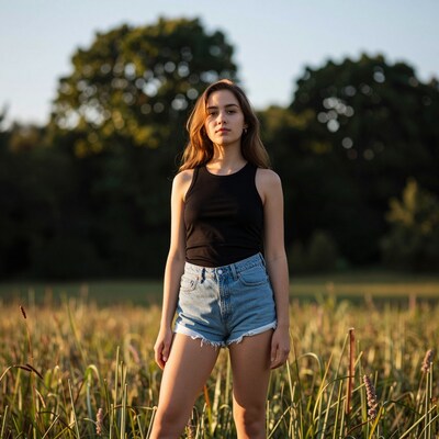 Young woman in field at sunset
