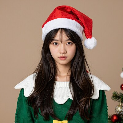 Asian girl in Christmas elf outfit