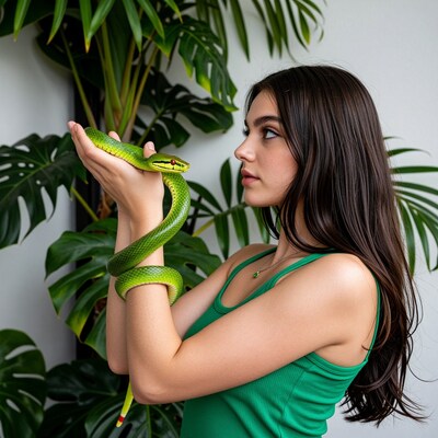 Woman Holding Green Snake