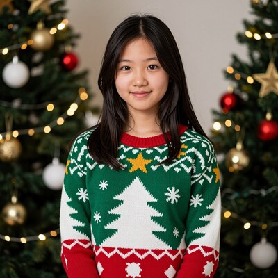 Asian girl in Christmas sweater