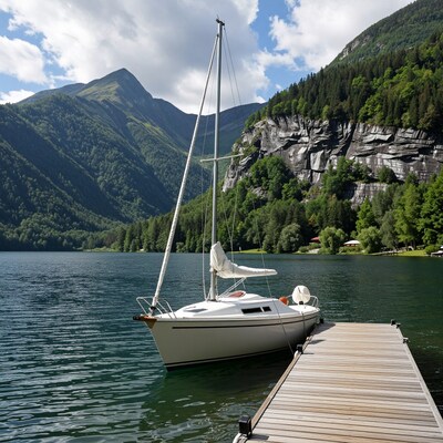 Sailboat docked on mountain lake