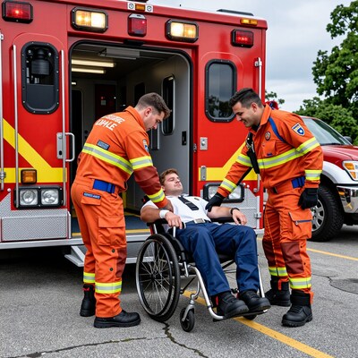Paramedics assisting man in wheelchair by ambulance