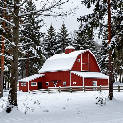 Red Barn in Snowy Forest