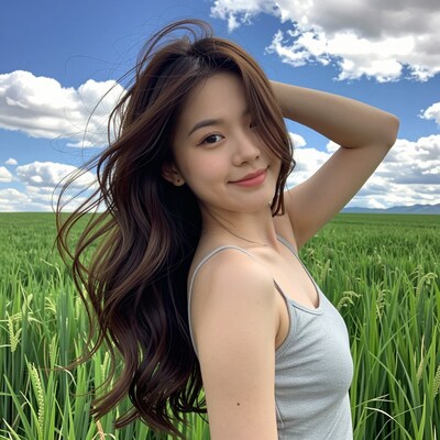 Young Asian woman in green field
