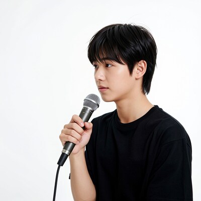 Young Asian man singing with microphone