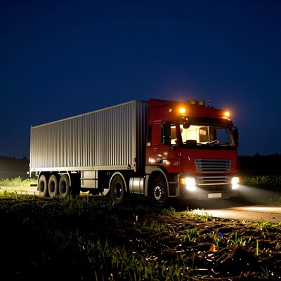 Red semi truck at night