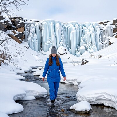Woman in blue jacket walking in snowy winter landscape