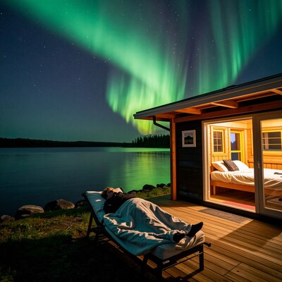 Man watching Northern Lights from cabin deck