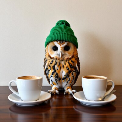 Owl in Green Beanie with Coffee Cups