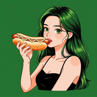 Green-haired woman eating hot dog