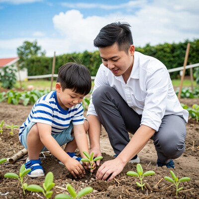 Asian father and son planting seedlings