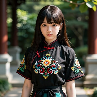 Young East Asian girl in black qipao
