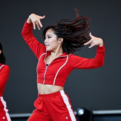 Asian woman dancing in red tracksuit