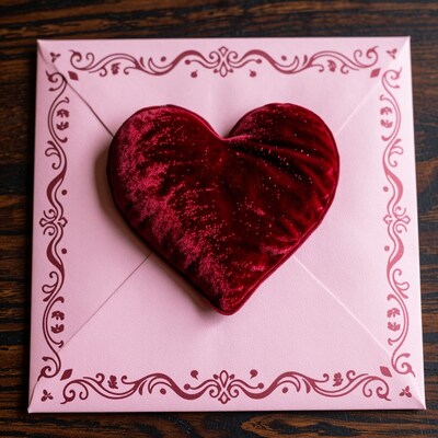 Red velvet heart on pink envelope