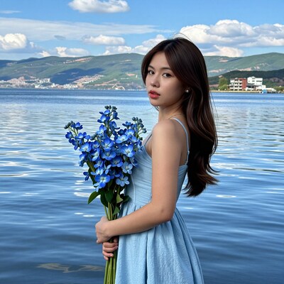 Asian woman with blue flowers by lake