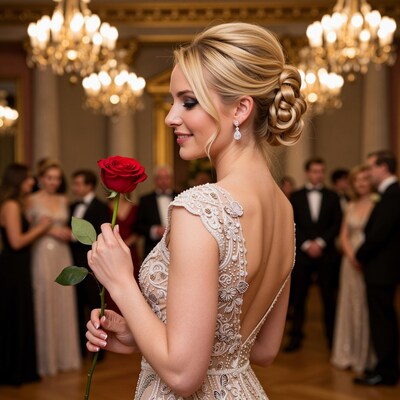 Blonde Woman in Elegant Gown Holding Red Rose