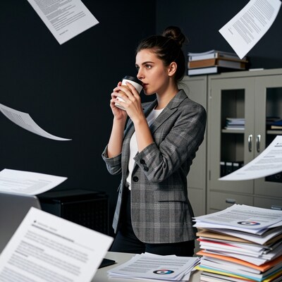 Stressed businesswoman drinking coffee in chaotic office