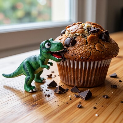Dinosaur eating chocolate muffin