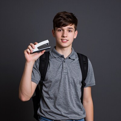 Teen boy with stapler and backpack