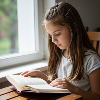 Young girl reading book by window