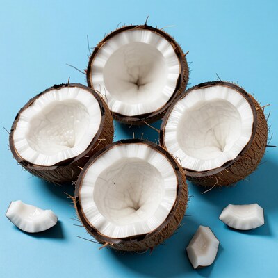 Halved Coconuts on Blue