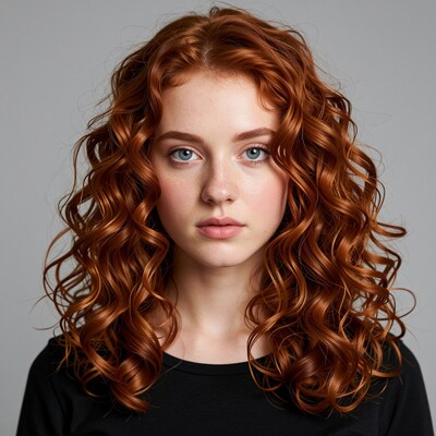 Young woman with long red curly hair