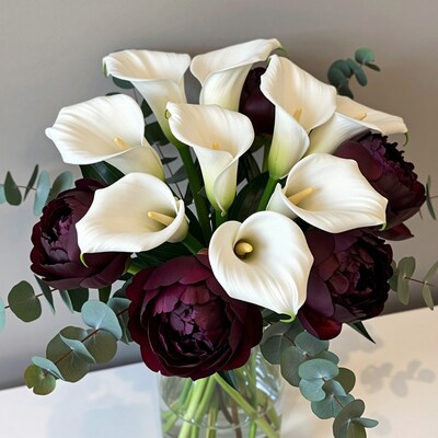White Calla Lilies and Burgundy Peonies Bouquet