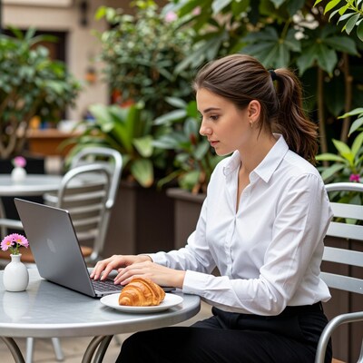 Woman working on laptop at outdoor cafe