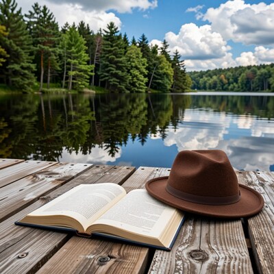 Open Book and Hat on Lake Dock