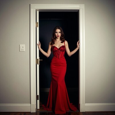 Woman in red dress at doorway