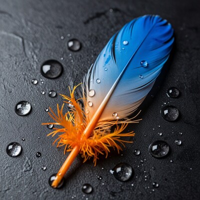 Blue Orange Feather with Water Drops