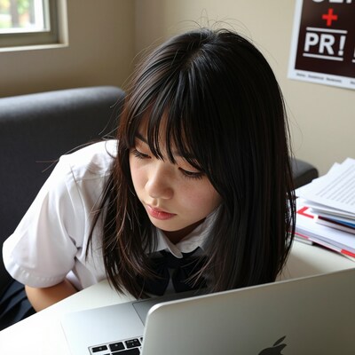 Japanese schoolgirl studying on laptop