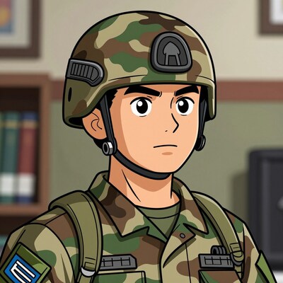 Cartoon soldier boy in camouflage helmet