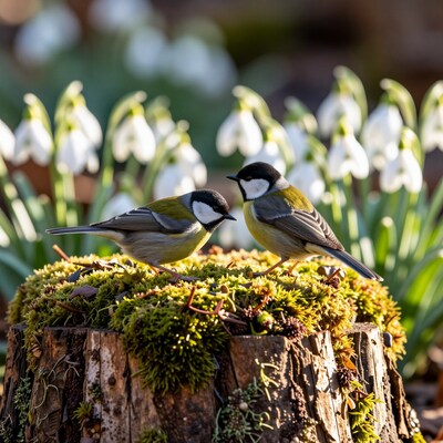Two Great Tits on Mossy Stump