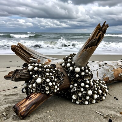 Driftwood with barnacles on beach