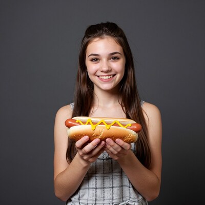 Girl holding giant hot dog