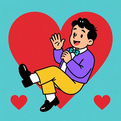 Man waving with hearts