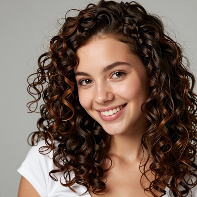 Smiling woman with curly brown hair