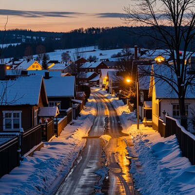 Snowy Village Street at Dusk