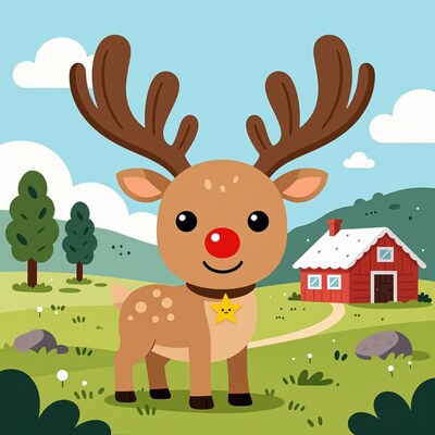 Cartoon Reindeer in Meadow
