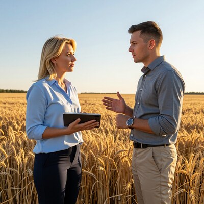 Female agronomist and male farmer discussing in wheat field