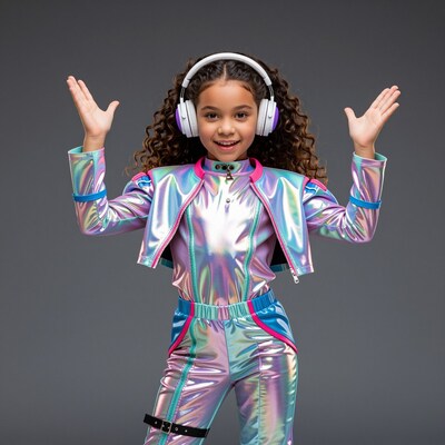 Girl in holographic 80s outfit with headphones