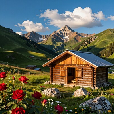 Alpine Log Cabin with Roses